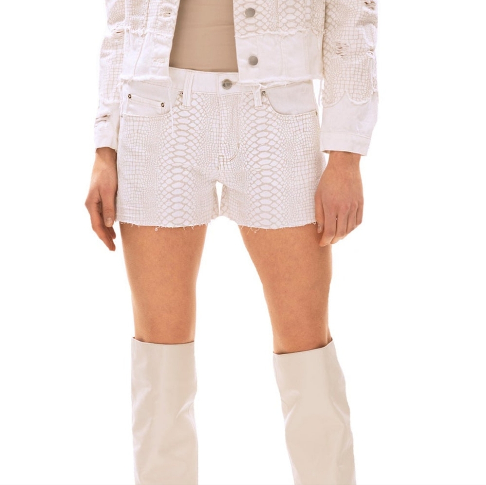 Blue Revival Mila Mid Rise White Snakeskin Shorts